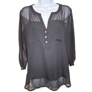 Express Womens Black Sheer Mesh Panel Henley Blouse Sz L Corporate Goth Academia